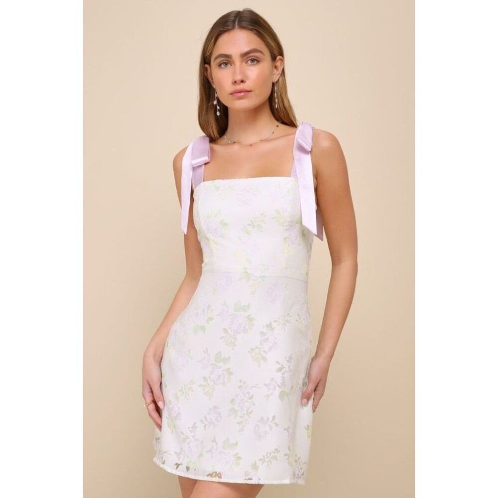 Lulus Sweeten The Day Cream Floral Burnout Tie-strap Mini Dress White - Size S